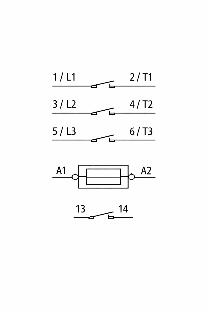 Schaltzeichen Leistungsschütz — 3 Hauptkontakte, Spule A1/A2, Hilfskontakt 13/14