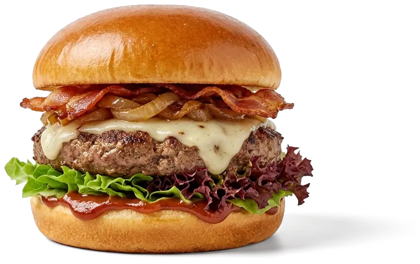 Steakhouse Burger mit Pepper-Jack-Käse, Bacon und karamellisierten Zwiebeln