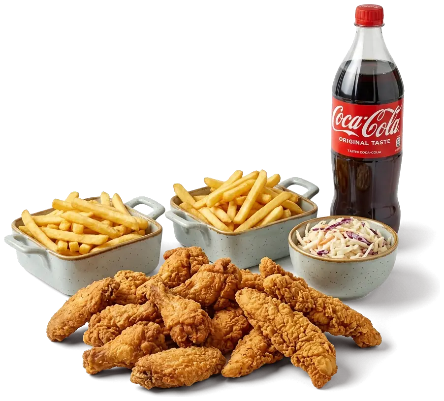 Bucket mit Wings, Filets, zwei Portionen Pommes, Coleslaw und Cola