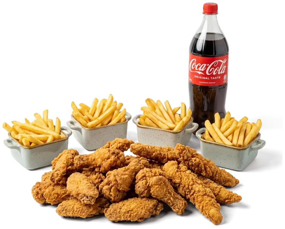 Party Bucket mit Wings, Filets, vier Portionen Pommes und Cola