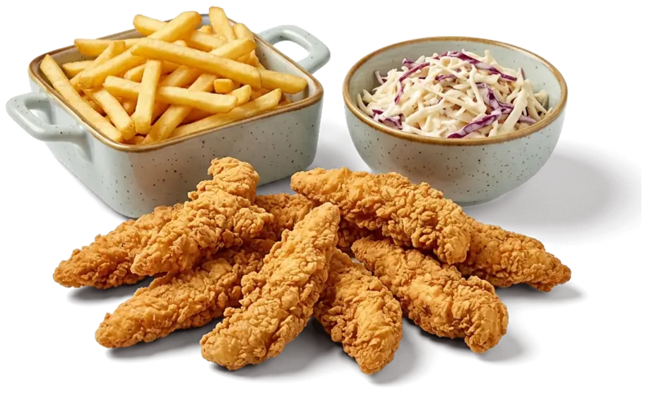 Menü mit zehn Crispy-Chicken Tenders, Pommes und Coleslaw