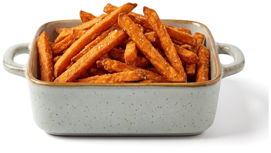 Süßkartoffel-Pommes in der Steingutschale