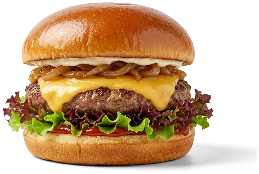 Cheese Burger mit Cheddar und karamellisierten Zwiebeln