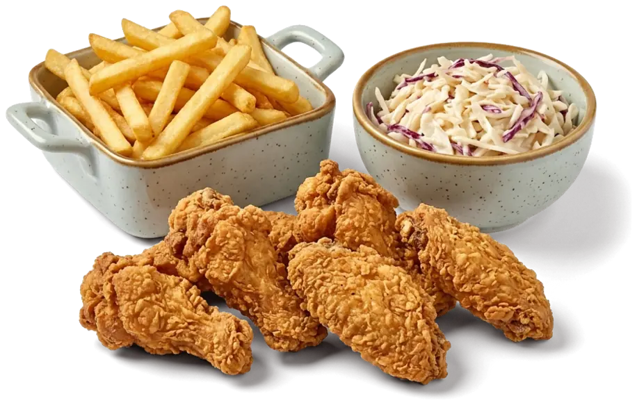 Menü mit sechs Chicken Wings, Pommes und Coleslaw