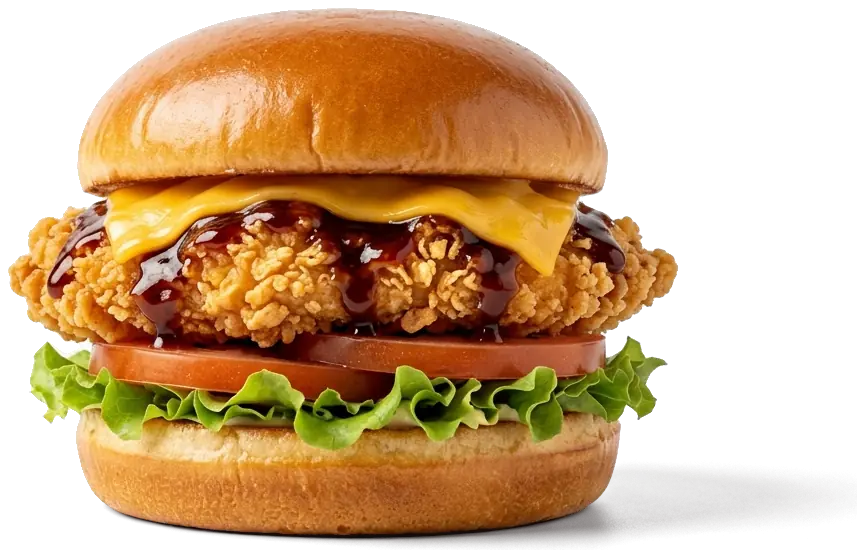 Teriyaki Chicken Burger mit Cheddar, Tomate und Salat