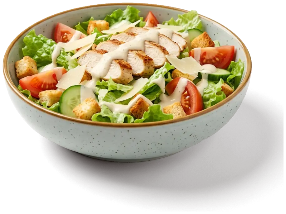 Caesar Chicken Salat mit Hähnchenbrust, Croutons und Caesar-Dressing