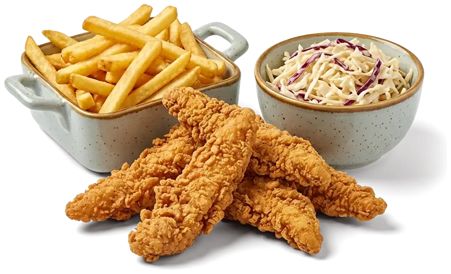 Menü mit fünf Crispy-Chicken Tenders, Pommes und Coleslaw